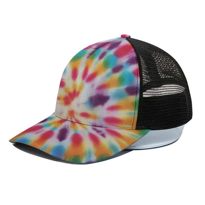 Bright Swirl Tie Dye Print Black Mesh Trucker Cap