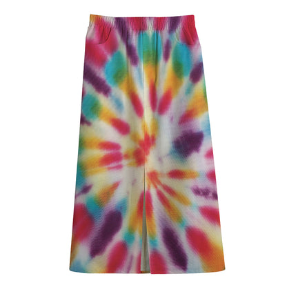 Bright Swirl Tie Dye Print Cotton Front Slit Maxi Skirt