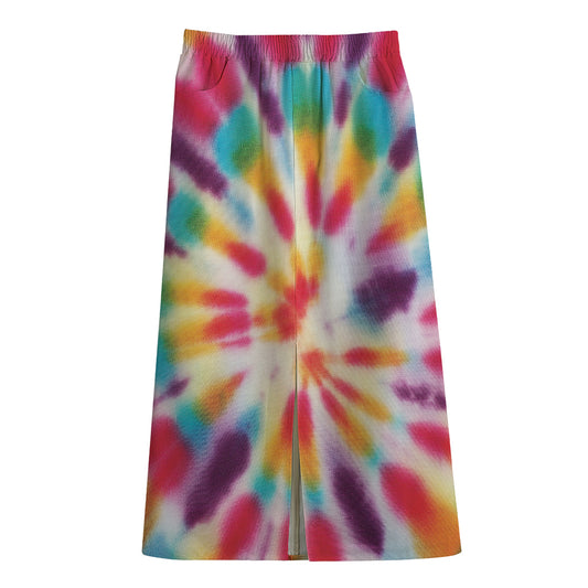 Bright Swirl Tie Dye Print Cotton Front Slit Maxi Skirt