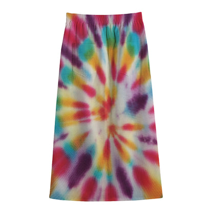 Bright Swirl Tie Dye Print Cotton Front Slit Maxi Skirt