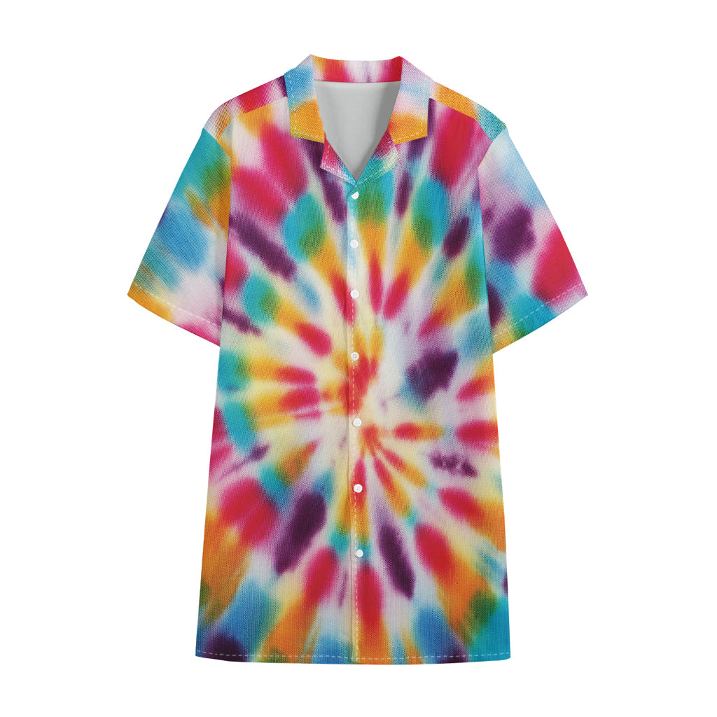 Bright Swirl Tie Dye Print Cotton Hawaiian Shirt
