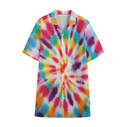 Bright Swirl Tie Dye Print Cotton Hawaiian Shirt