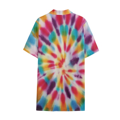 Bright Swirl Tie Dye Print Cotton Hawaiian Shirt