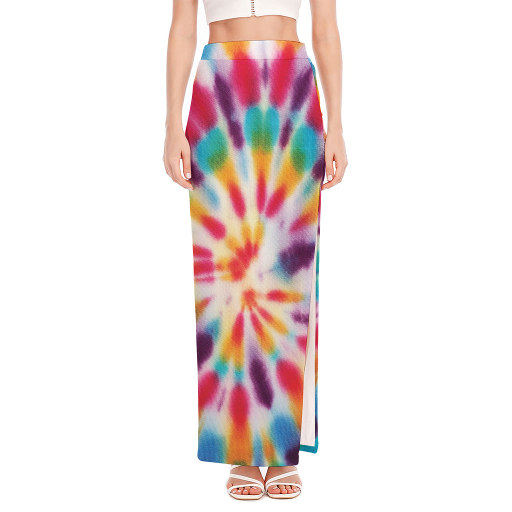 Bright Swirl Tie Dye Print High Slit Maxi Skirt
