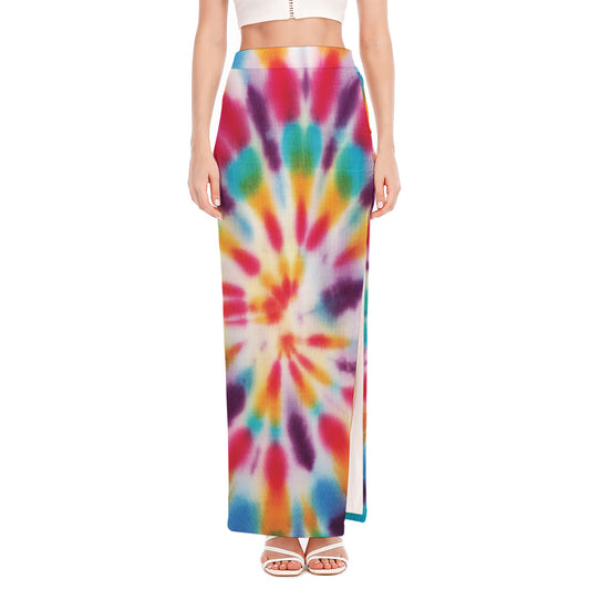 Bright Swirl Tie Dye Print High Slit Maxi Skirt