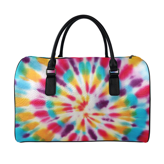Bright Swirl Tie Dye Print Leather Duffle Bag