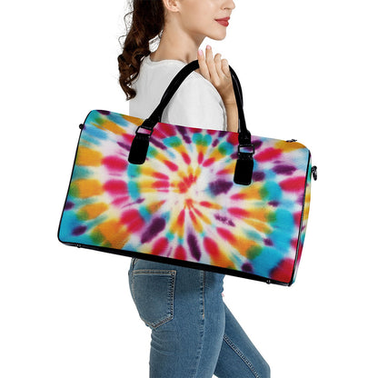 Bright Swirl Tie Dye Print Leather Duffle Bag