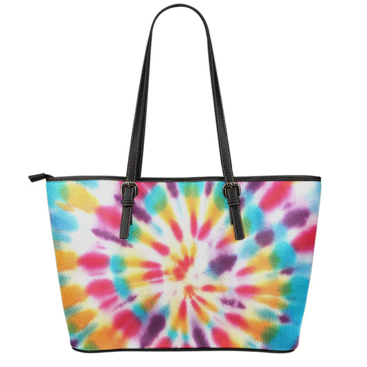 Bright Swirl Tie Dye Print Leather Tote Bag