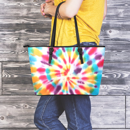 Bright Swirl Tie Dye Print Leather Tote Bag