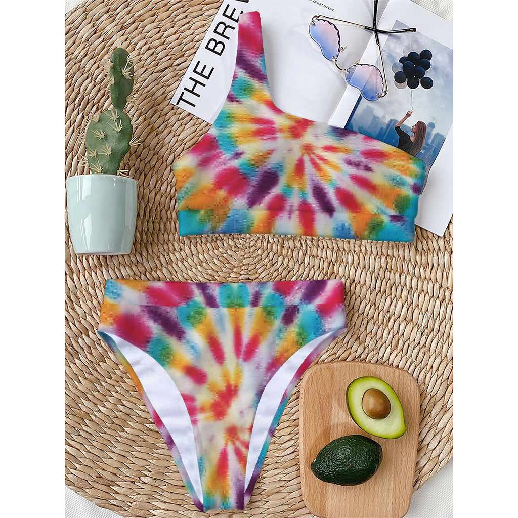Bright Swirl Tie Dye Print One Shoulder Bikini Top