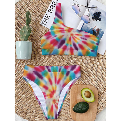 Bright Swirl Tie Dye Print One Shoulder Bikini Top