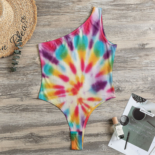 Bright Swirl Tie Dye Print One Shoulder Bodysuit