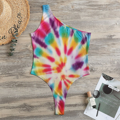 Bright Swirl Tie Dye Print One Shoulder Bodysuit