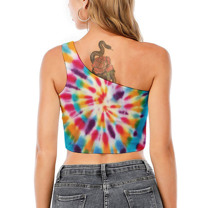 Bright Swirl Tie Dye Print One Shoulder Crop Top