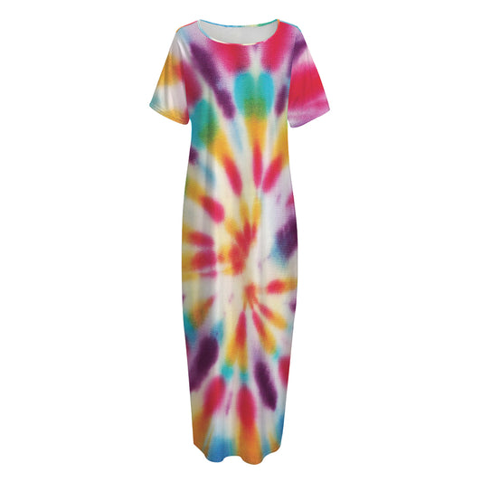 Bright Swirl Tie Dye Print Short Sleeve Long Nightdress