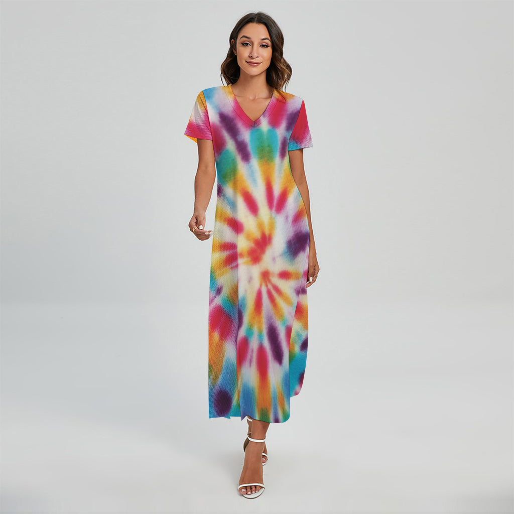 Bright Swirl Tie Dye Print Short Sleeve Maxi Dress