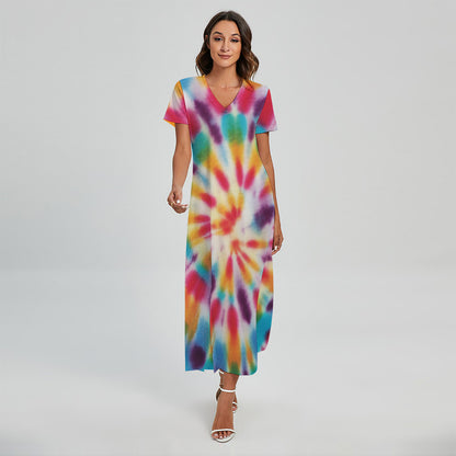 Bright Swirl Tie Dye Print Short Sleeve Maxi Dress