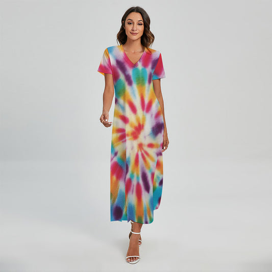 Bright Swirl Tie Dye Print Short Sleeve Maxi Dress