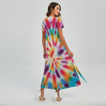 Bright Swirl Tie Dye Print Short Sleeve Maxi Dress