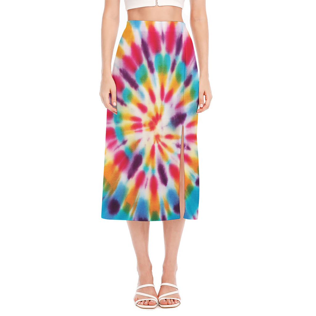 Bright Swirl Tie Dye Print Side Slit Midi Skirt