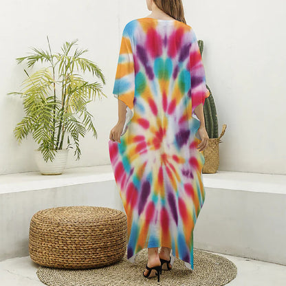 Bright Swirl Tie Dye Print Silk V-Neck Kaftan Dress