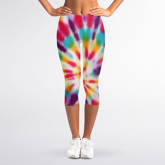 Bright Swirl Tie Dye Print Women's Capri Leggings