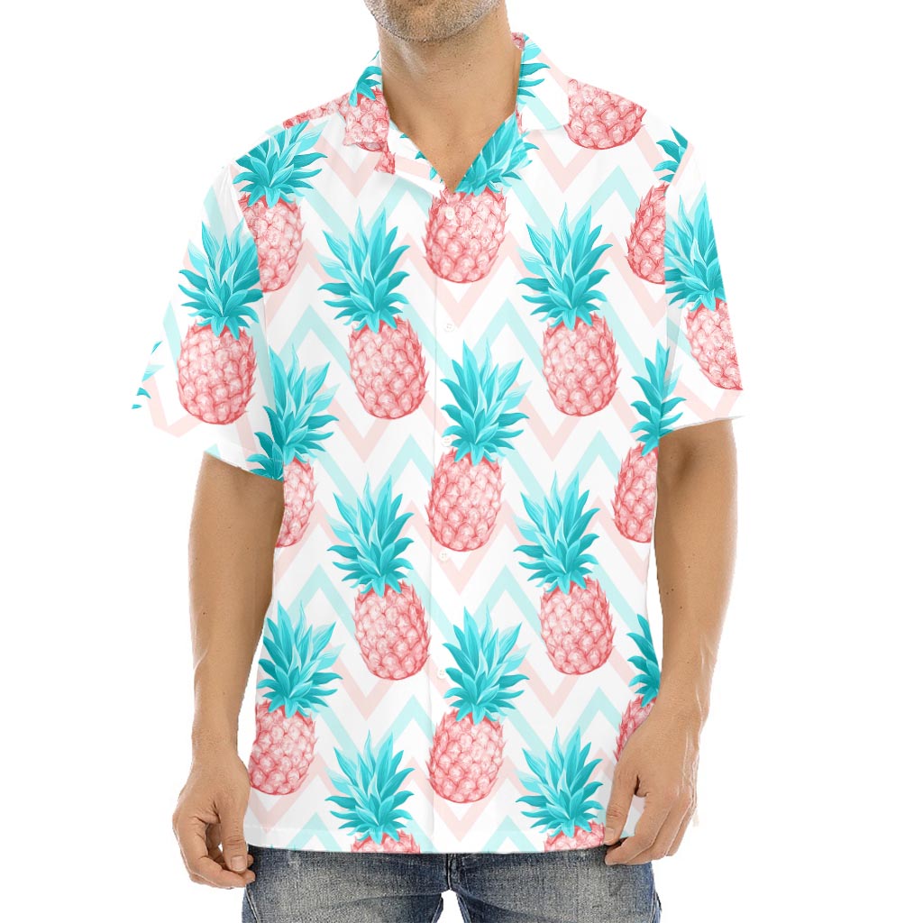 Bright Zig Zag Pineapple Pattern Print Aloha Shirt