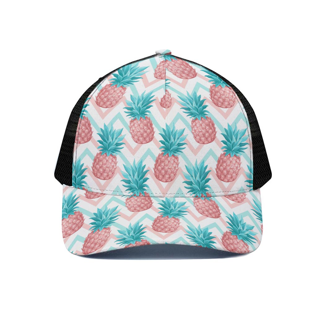 Bright Zig Zag Pineapple Pattern Print Black Mesh Trucker Cap