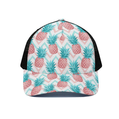 Bright Zig Zag Pineapple Pattern Print Black Mesh Trucker Cap