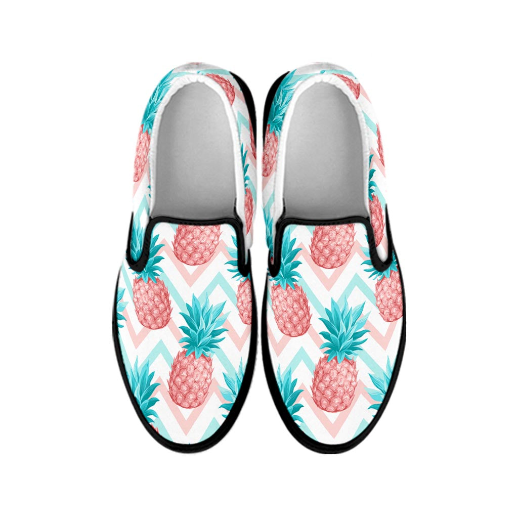 Bright Zig Zag Pineapple Pattern Print Black Slip On Sneakers