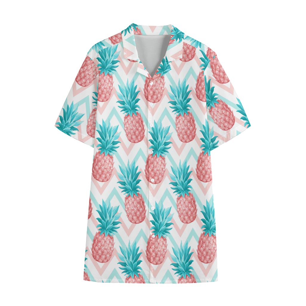 Bright Zig Zag Pineapple Pattern Print Cotton Hawaiian Shirt
