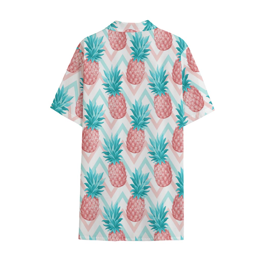 Bright Zig Zag Pineapple Pattern Print Cotton Hawaiian Shirt