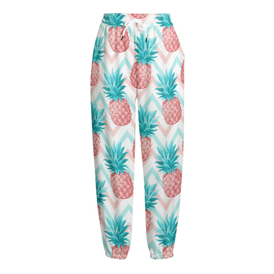 Bright Zig Zag Pineapple Pattern Print Fleece Lined Knit Pants
