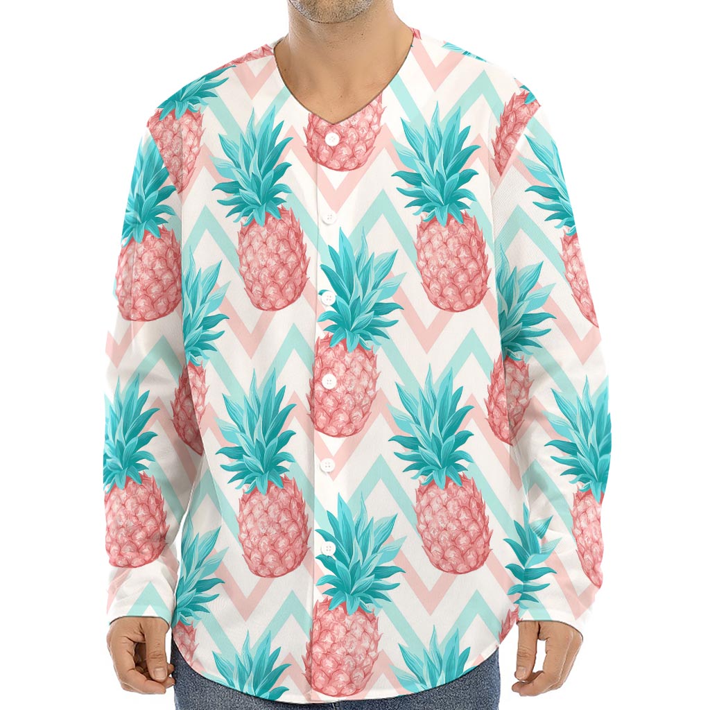 Bright Zig Zag Pineapple Pattern Print Long Sleeve Baseball Jersey