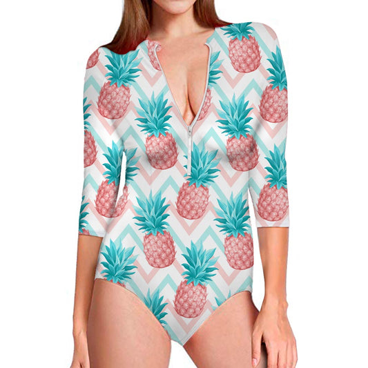 Bright Zig Zag Pineapple Pattern Print Long Sleeve Swimsuit