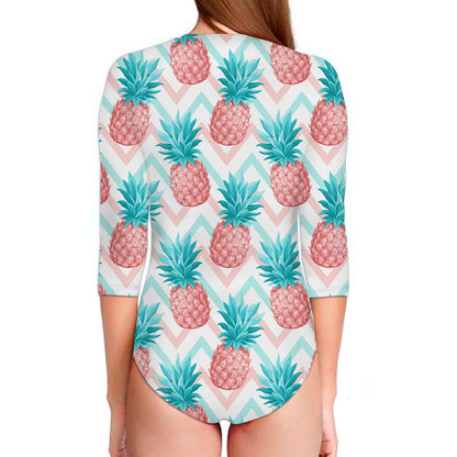 Bright Zig Zag Pineapple Pattern Print Long Sleeve Swimsuit