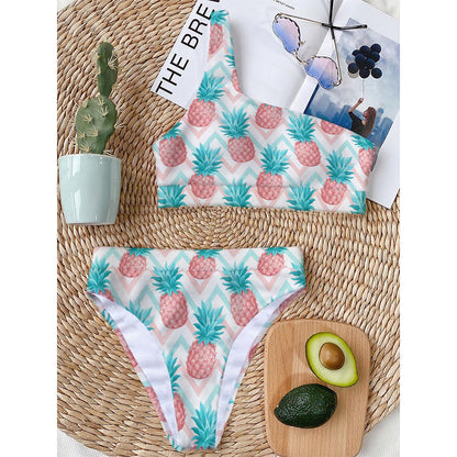 Bright Zig Zag Pineapple Pattern Print One Shoulder Bikini Top