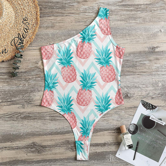 Bright Zig Zag Pineapple Pattern Print One Shoulder Bodysuit