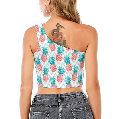 Bright Zig Zag Pineapple Pattern Print One Shoulder Crop Top