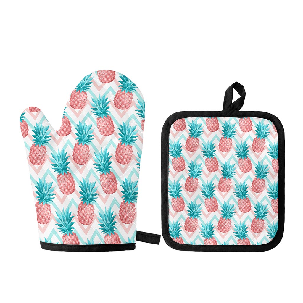 Bright Zig Zag Pineapple Pattern Print Oven Mitt And Pot Holder Set