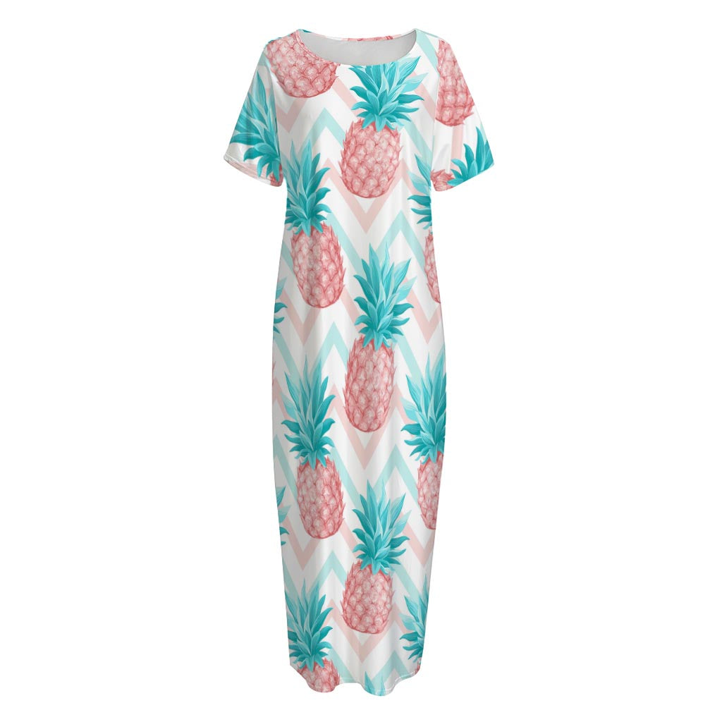 Bright Zig Zag Pineapple Pattern Print Short Sleeve Long Nightdress
