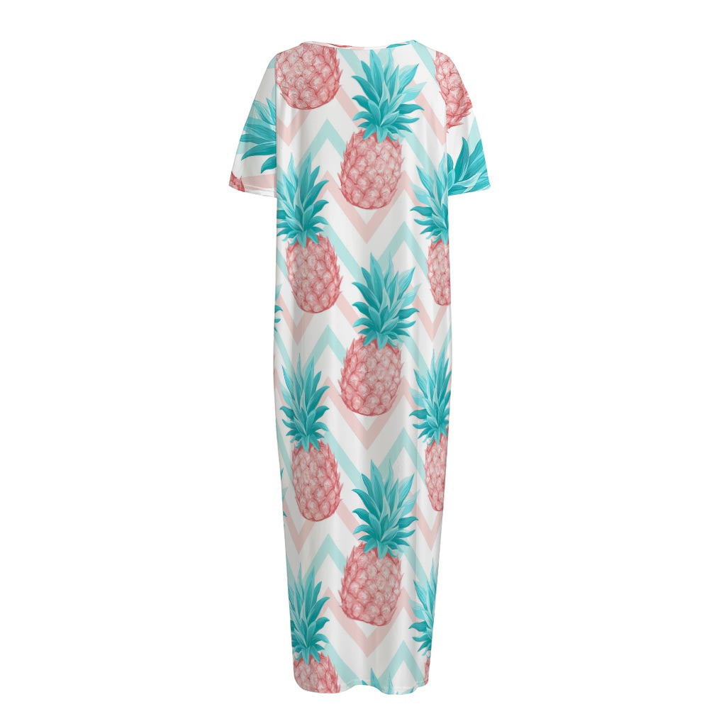 Bright Zig Zag Pineapple Pattern Print Short Sleeve Long Nightdress