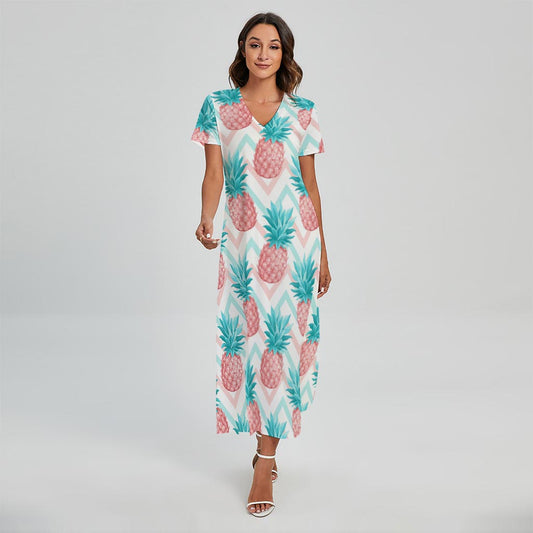 Bright Zig Zag Pineapple Pattern Print Short Sleeve Maxi Dress