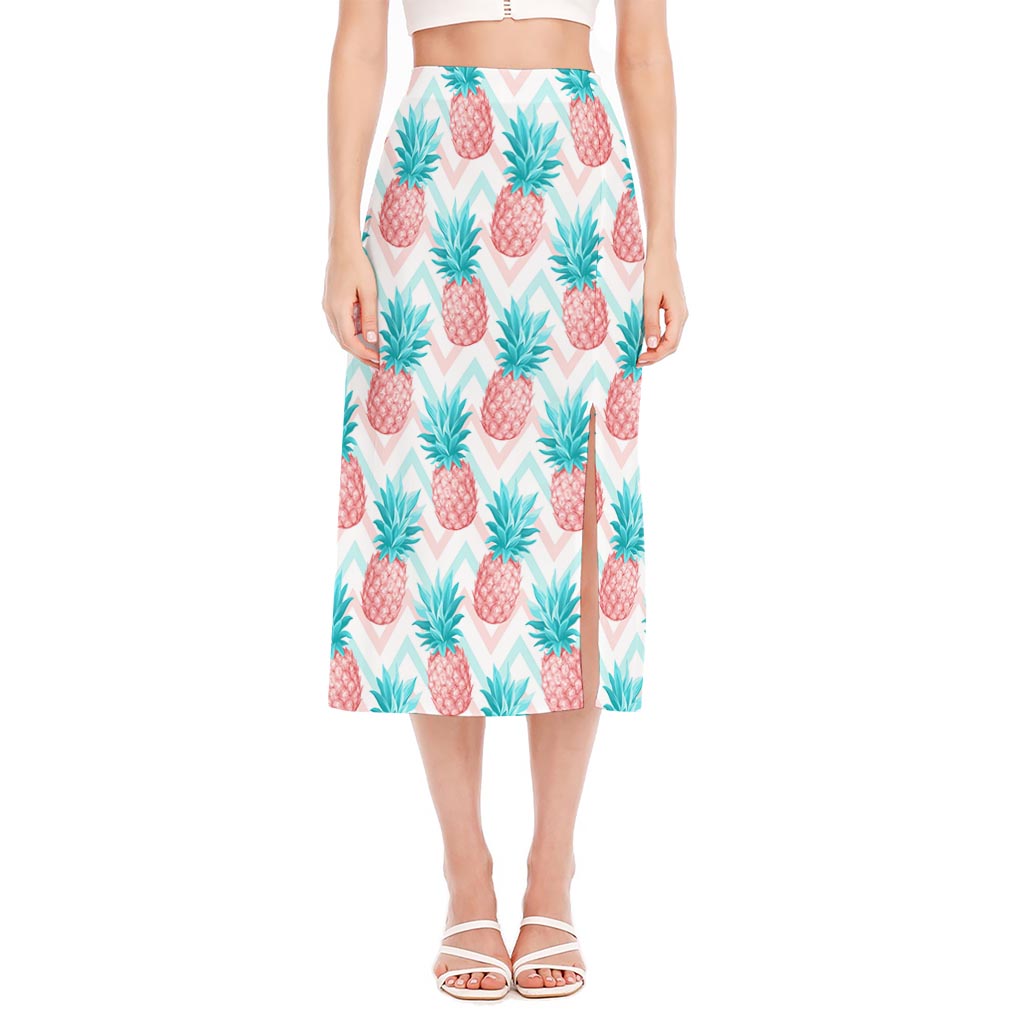 Bright Zig Zag Pineapple Pattern Print Side Slit Midi Skirt