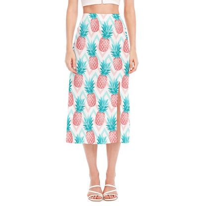 Bright Zig Zag Pineapple Pattern Print Side Slit Midi Skirt