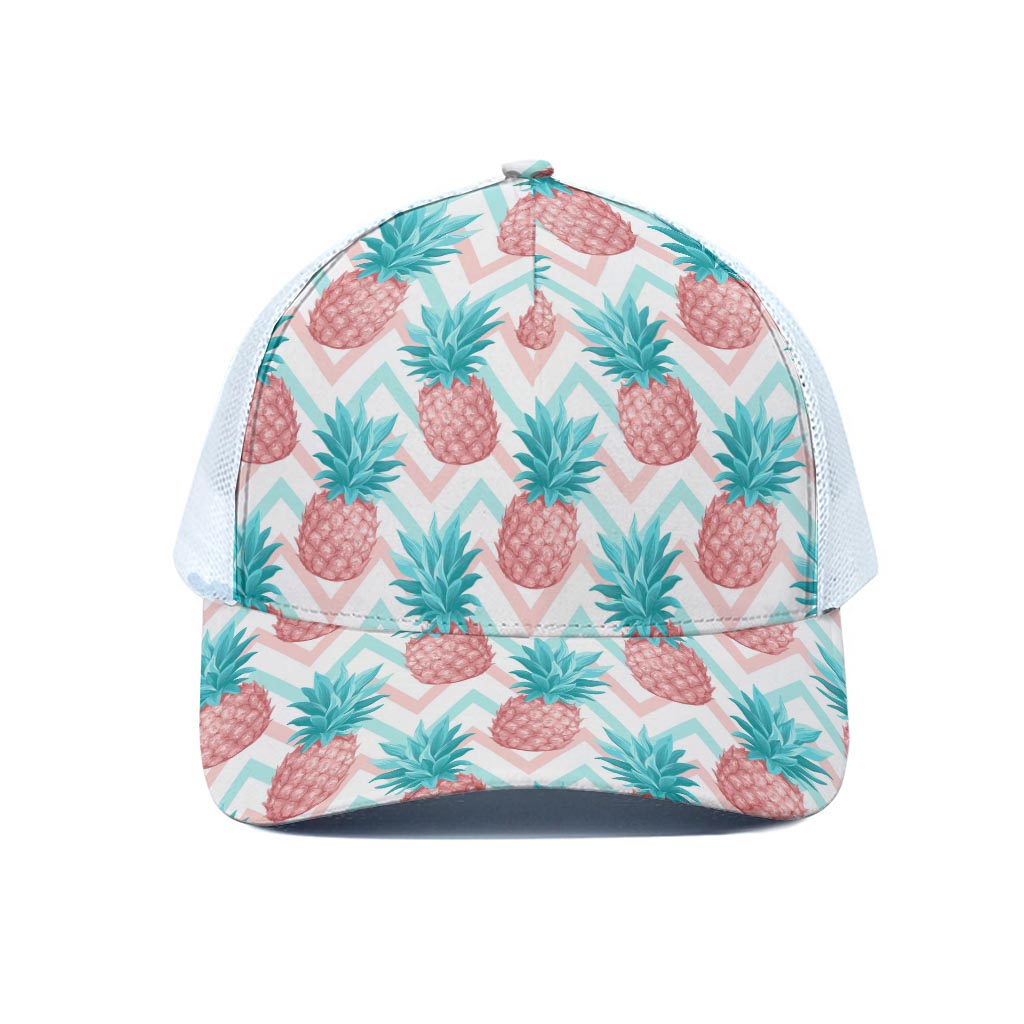 Bright Zig Zag Pineapple Pattern Print White Mesh Trucker Cap