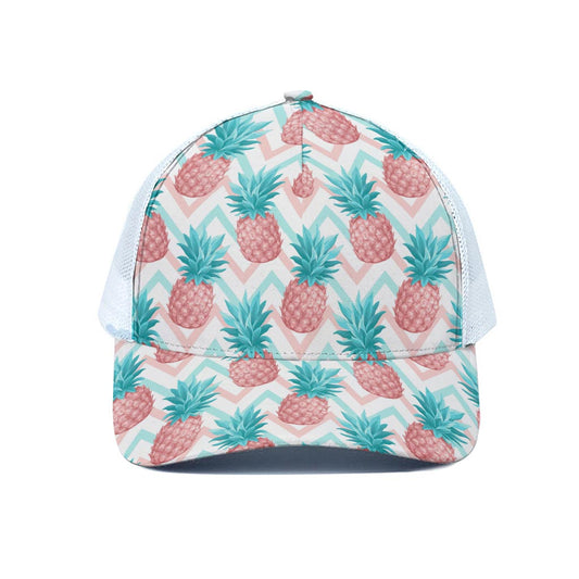 Bright Zig Zag Pineapple Pattern Print White Mesh Trucker Cap