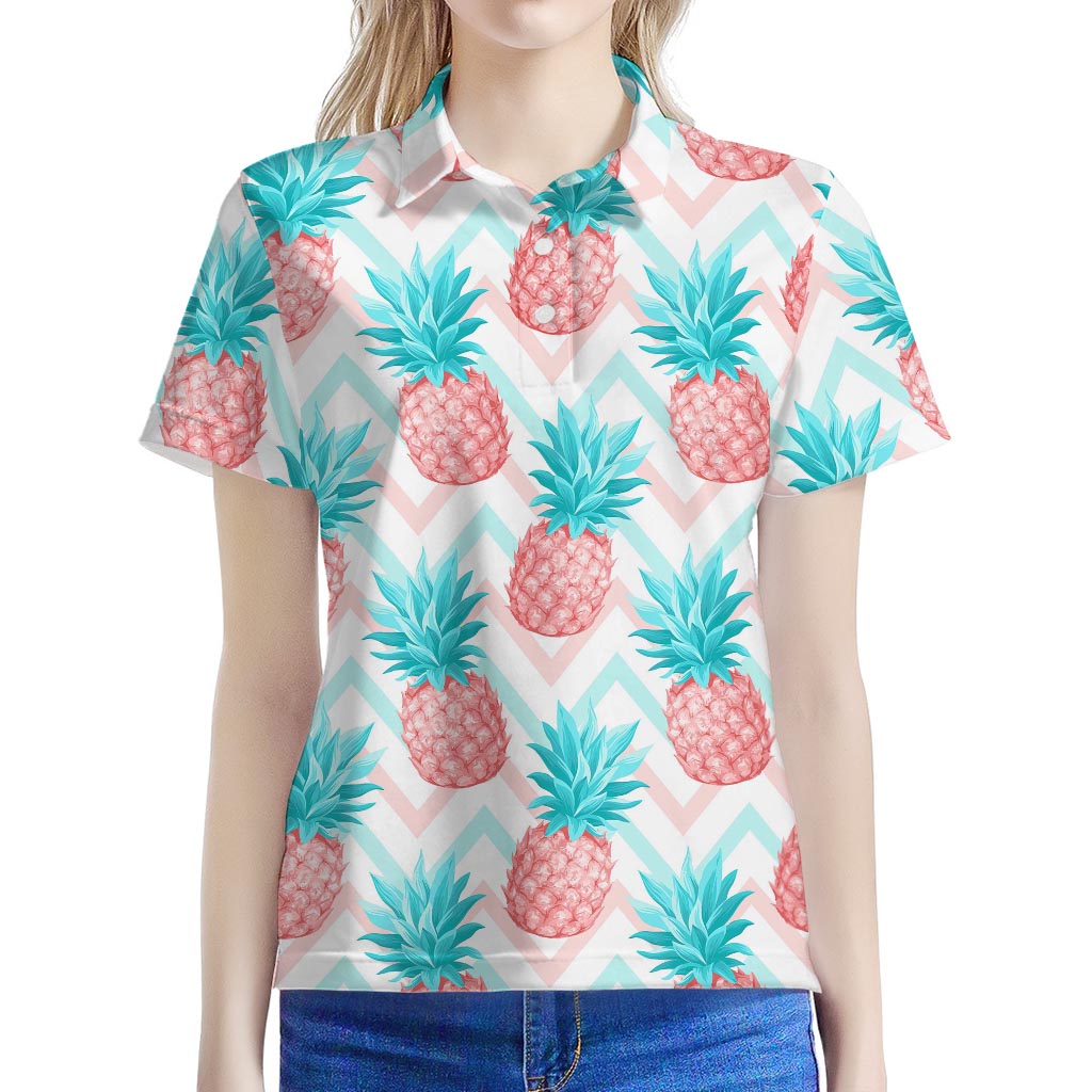 Bright Zig Zag Pineapple Pattern Print Women's Polo Shirt