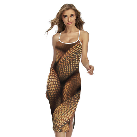 Bronze Snake Print Cross Back Cami Dress