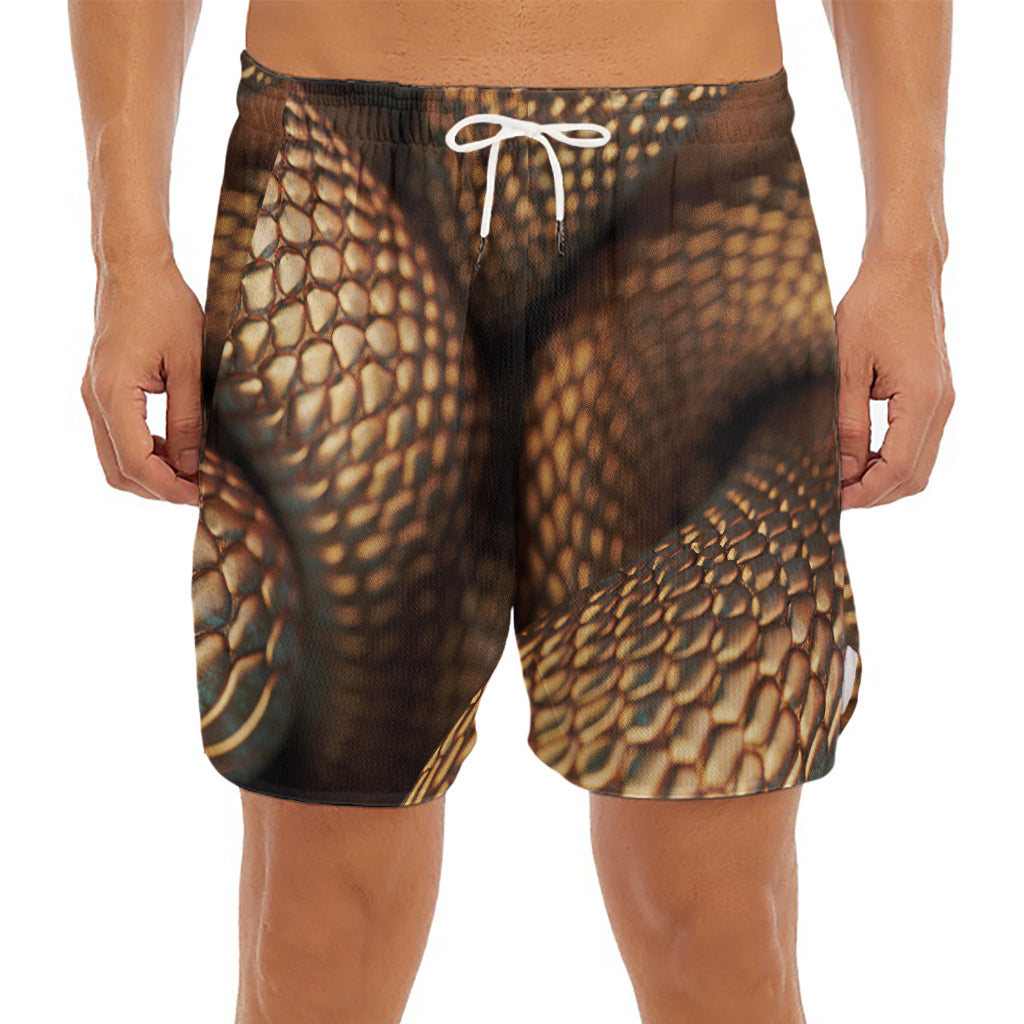 Bronze Snake Print Men's Split Running Shorts